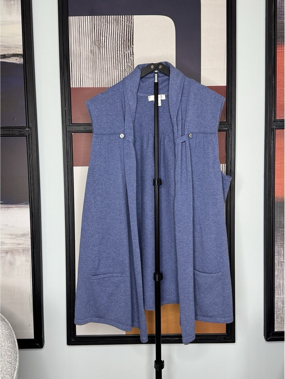 CJ Banks Womens 3X Blue Duster Vest Longline Open Front Cardigan Cotton Pockets